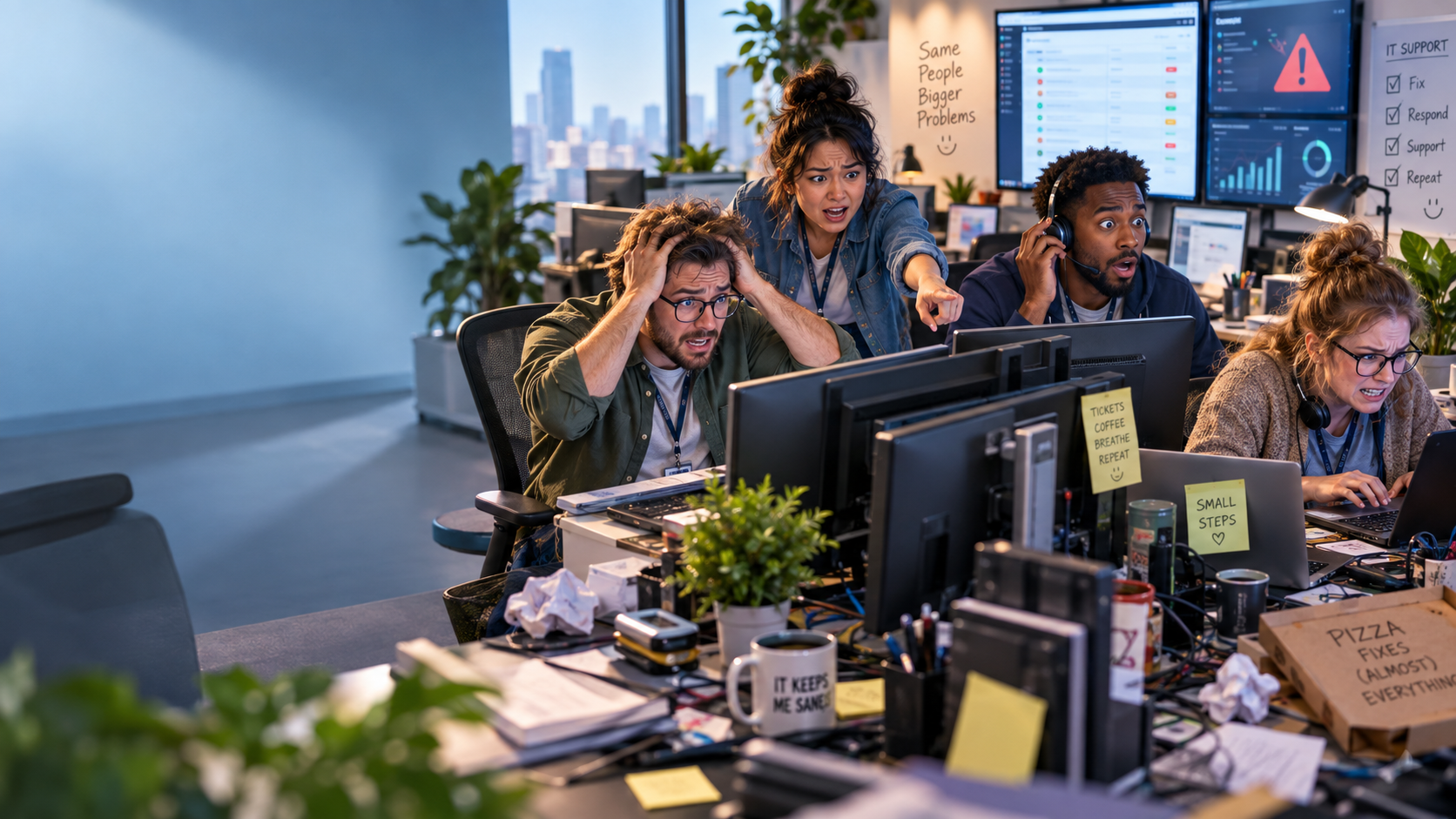 A busy IT support team working through multiple incidents